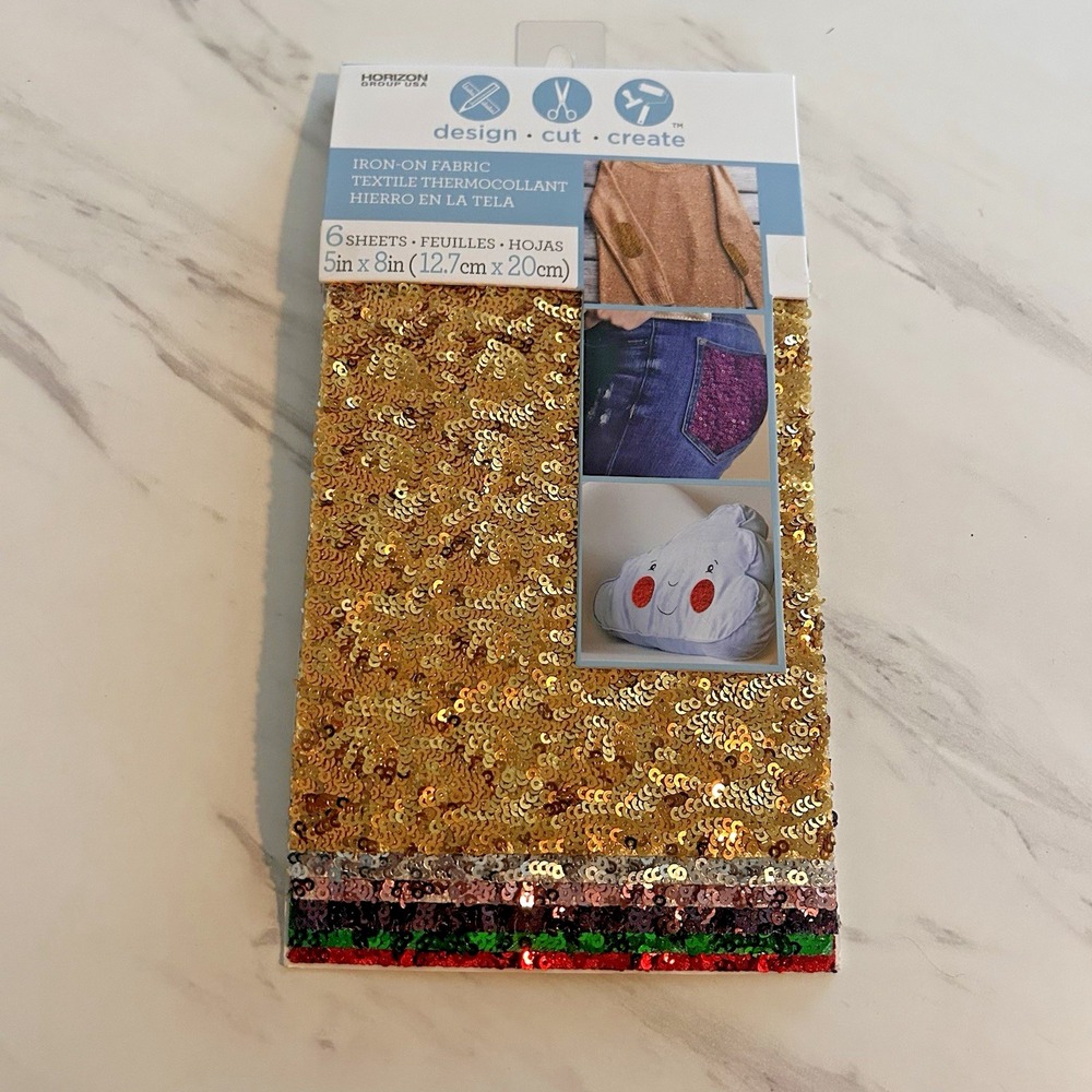 Horizon Group USA Iron on Sequin Fabric 6 Sheet Gold Silver Copper Red 5"x8" HHH